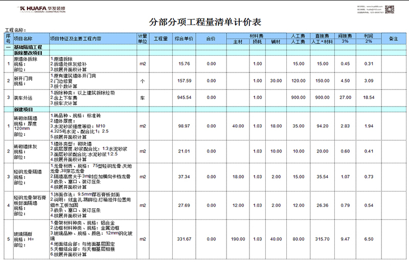 制定分部分項工程明細(xì)報價表